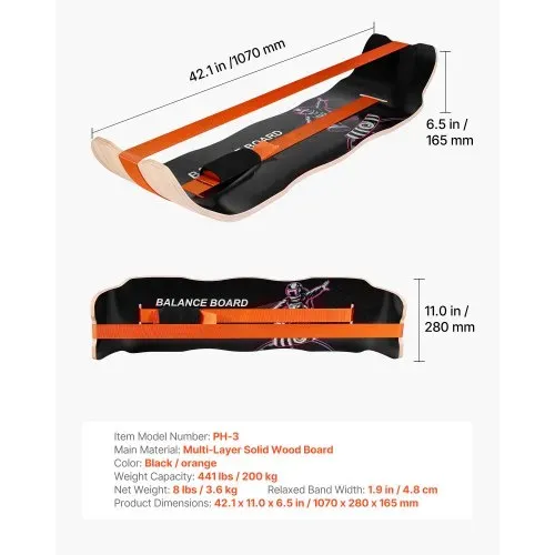 VEVOR Balance Board für Erwachsene (107 cm), Wackelbrett bis 200 kg Belastbar, Gebogenes Balance-Trainingsgerät mit Gurt für Core-Workouts Stehpultübungen Heim-Fitnessstudio Yoga, Orange Schwarz – Bild 6