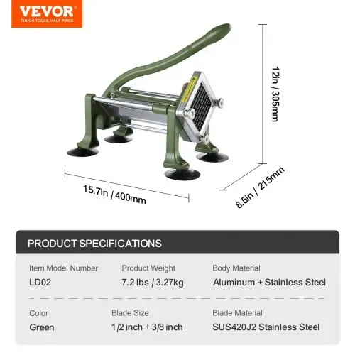 VEVOR Pommes-Frites-Schneider Kartoffelschneider mit 1/2 Zoll & 3/8-Zoll-Klinge aus Edelstahl, manueller Kartoffelschneider & Zerkleinerer mit Saugnäpfen, ideal für Kartoffeln Pommes Frites Gemüse – Bild 6