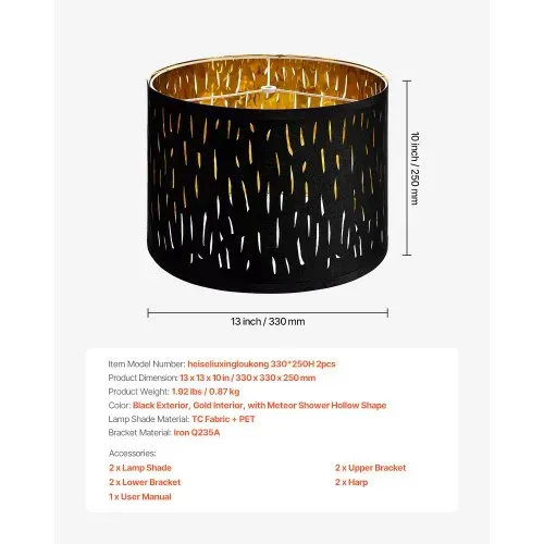 VEVOR Lampenschirm Trommel 33x33x25 cm (oben x unter x hoch), 2 mittelgroße Ersatzschirme aus TC-Gewebe + PET, Lampenschirm mit Harfe für Tischlampen Stehlampen (schwarzes, hohlgeschnitztes Design) – Bild 6
