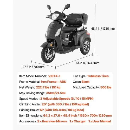 VEVOR Elektromobil mit 3 Rädern für Senioren & Erwachsene, 227 kg Tragkraft, Mobilitätsrolle 35 km Reichweite mit 3 Geschwindigkeiten, 1000 W Seniorenmobil, max. Steigfähigkeit 20° – Bild 6