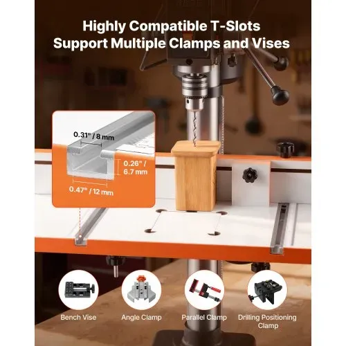 VEVOR Tisch für Säulenbohrmaschine, Bohrtisch 600 x 298 mm, mit verstellbarem Anschlag & Anschlagblock, T-Nuten, MDF-Tischplatte, Skala, Unterstützung für mehrere Klemmen & Schraubstöcke – Bild 2
