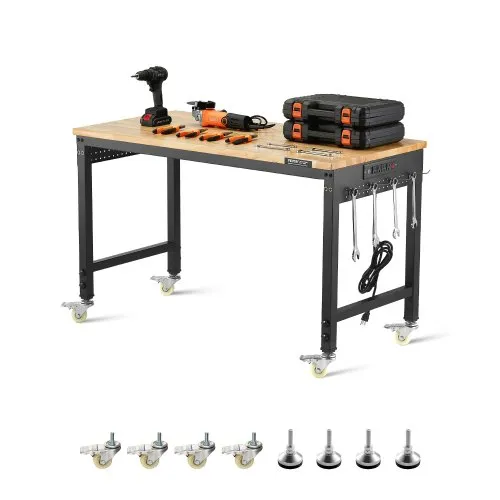 VEVOR Werkbank 1220x610x711-1003mm, 907 Tragkraft, Werkbank mit Steckdose, Rädern und Stecktafel, robuster Arbeitstisch mit Eichenholzplatte für Garage, Werkstatt, Büro und Zuhause VEVOR Werkbank 1220x610x711-1003mm, 907 Tragkraft, Werkbank mit Steckdose, Rädern und Stecktafel, robuster Arbeitstisch mit Eichenholzplatte für Garage, Werkstatt, Büro und Zuhause