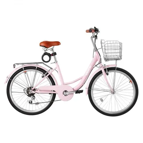 VEVOR Damenfahrrad 24 Zoll Cruiser-Fahrrad 150 kg 7-Gang Citybike Pink, für Pendelfahrten Besorgungen und Strandfahrten, mit Doppelten V-Bremsen, 50 kg Gepäckträger, Schutzblechen und Handschuhen – Bild 9