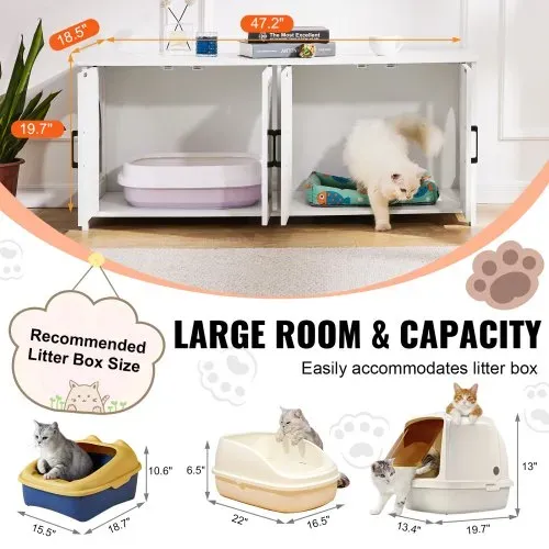 VEVOR Katzentoilettengehäuse für 2 Katzen, Katzentoilettenmöbel versteckt mit Doppelzimmern, Katzentoilettenschrank aus Holz passt in die meisten Katzentoiletten, 119,4 cm L x 47,5 cm B x 50 cm H, weiß – Bild 3