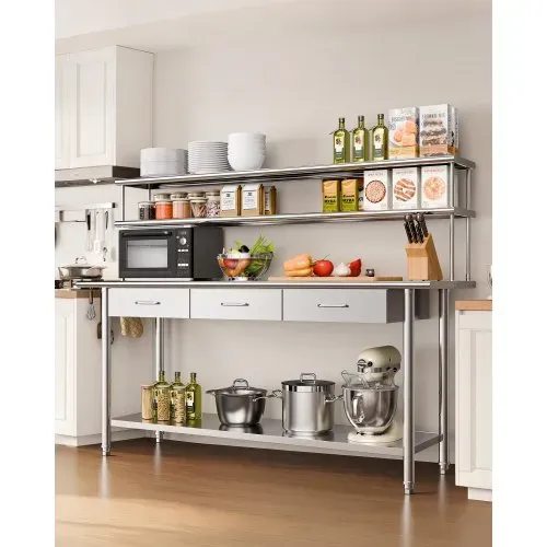 VEVOR Gastronomie Arbeitstisch 1829 x 610 x 1400 mm, Edelstahltisch mit Grundboden & 3 Schubladen & Doppelaufsatzbord, Gewerblicher Vorbereitungstisch Werkbank für Restaurant Garage Küchentisch VEVOR Gastronomie Arbeitstisch 1829 x 610 x 1400 mm, Edelstahltisch mit Grundboden & 3 Schubladen & Doppelaufsatzbord, Gewerblicher Vorbereitungstisch Werkbank für Restaurant Garage Küchentisch