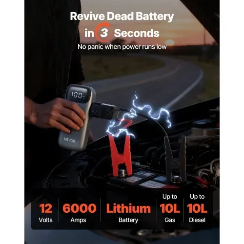VEVOR Starthilfe Powerbank, Starthilfegerät 6000A Spitzenstrom mit LED-Taschenlampe & Kabel für Motor bis zu 10L Diesel/Benzin, Autobatterie Booster mit Schnellladung & Sicherheitsschutz für Notfall VEVOR Starthilfe Powerbank, Starthilfegerät 6000A Spitzenstrom mit LED-Taschenlampe & Kabel für Motor bis zu 10L Diesel/Benzin, Autobatterie Booster mit Schnellladung & Sicherheitsschutz für Notfall