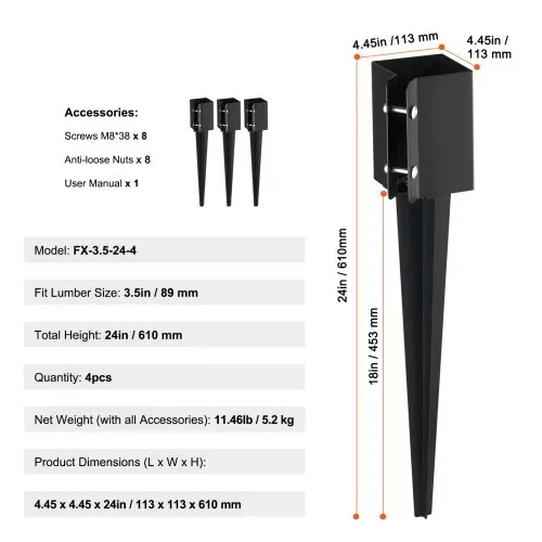 VEVOR Erdspieß für Zaunpfosten, 4er-Pack, 113 x 113 x 610 mm Außendurchmesser (Innendurchmesser 8,9 x 8,9 cm), Metall, schwarz pulverbeschichtet, Erdspieß für Briefkästen, Terrassen, Gartengeländer – Bild 10