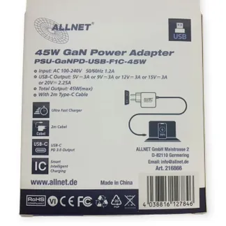 ALLNET Ersatznetzteil QC USB-C PD GaN Netzteil Power Supply 45 Watt 1x USB Typ-C mit 2m festem Kabel**EU PLUG** ALLNET Ersatznetzteil QC USB-C PD GaN Netzteil Power Supply 45 Watt 1x USB Typ-C mit 2m festem Kabel**EU PLUG**