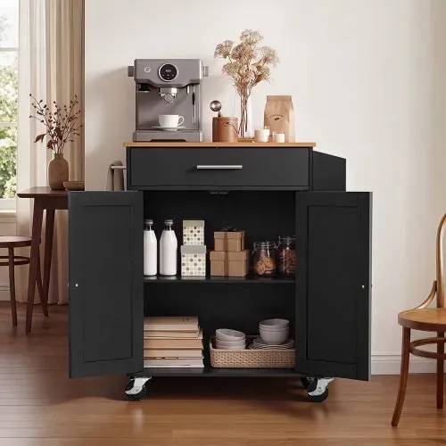 VEVOR Kücheninselwagen mit 1 Schublade & 2 Türen Schwarz Mobile Kücheninsel, Küchenwagen mit Gewürzhalter, Handtuchhalter, Tischplatte (640 x 380 x 15 mm) & Verstellbaren Regalböden fürs Esszimmer – Bild 7