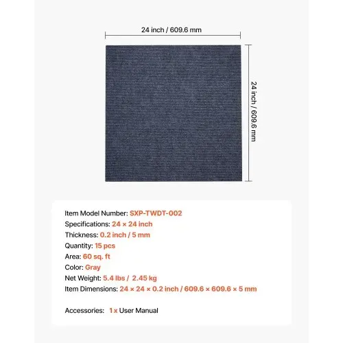 VEVOR Teppichfliesen 609,6 x 609,6 x 5 mm, 15er-Pack, selbstklebender Teppichboden mit Fläche von 5,5 m², Teppich Bodenbelag, einfacher DIY-Austausch für Wohnzimmer und Büro, Grau – Bild 6