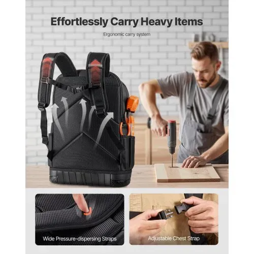 VEVOR Werkzeugrucksack, 65 Taschen, Werkzeug-Aufbewahrungs-Organizer, Backpack mit Laptopfach & geformtem Boden, Baustellenrucksack für Elektriker, Reparaturarbeiter & Heizungstechniker – Bild 3