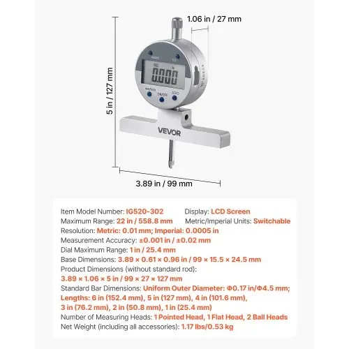 VEVOR Tiefenmesser, Digitaler Tiefmessschieber mit Messbereich 0–558,8 mm, Auflösung 0,01 mm, Präzise Einheitenumrechnung mit 4 Messspitzen, Tiefenmessgerät für Nuten, Stufen & Bohrungen – Bild 6