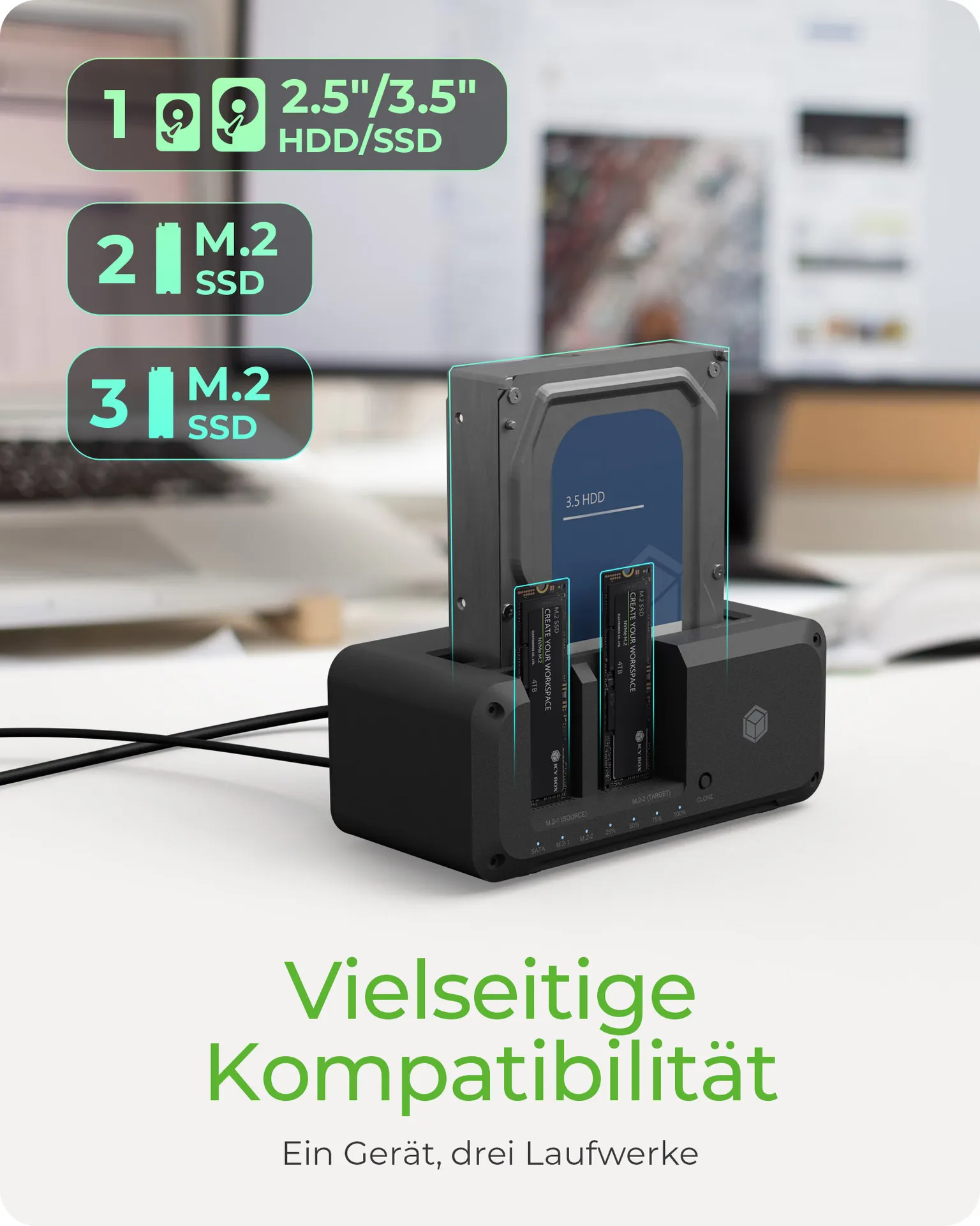 ICY BOX IB-2924MSCL-C31, Docking & CloneStation, klont 1x 2,5"/3,5" zu 1x M.2 NVMe & M.2 NVMe zu M.2 NVMe, erkennt 3x Laufwerke über USB-C®/-A Host 10 Gbit/s – Bild 2