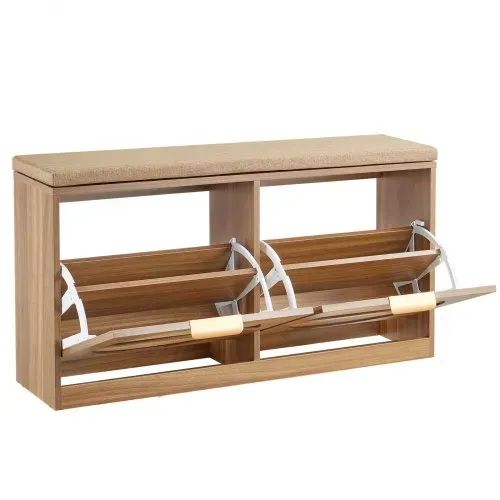VEVOR Schuhbank mit 2 Klappen 200kg Schuhkipper Schuhkommode 980x240x515mm, für Flur Wohnzimmer Schlafzimmer, MDF-Schuhschrank mit 2 Flip-Schubladen, Gepolstertem Sitzkissen, Rattanoptik Naturholzfarbe – Bild 10