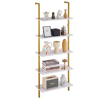 VEVOR Leiterregal mit Metallrahmen, 5 Ebenen, Bücherregal Wandmontage, industrielles quadratisches Rohrregal, 61×30 cm, Kleinteilehalter für Küche, Schlafzimmer, Badezimmer, Wohnzimmer, Goldweiß VEVOR Leiterregal mit Metallrahmen, 5 Ebenen, Bücherregal Wandmontage, industrielles quadratisches Rohrregal, 61×30 cm, Kleinteilehalter für Küche, Schlafzimmer, Badezimmer, Wohnzimmer, Goldweiß