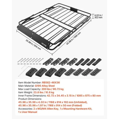 VEVOR Dachträgerkorb 1168 x 914 x 102 mm Dachgepäckkorb mit Klappmechanismus Tragkraft bis 90,72 kg Wetterfester Faltbarer Autodachkorb aus Legierungsstahl Dachtransportkorb Geeignet für SUVs Pickups – Bild 6