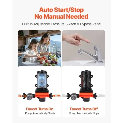 VEVOR Membranpumpe, 12 V DC, 22,7 L/min, selbstansaugende 4-Kammer-Membranwasserpumpe mit automatischem Druckschalter, 4,8 bar Druck, für Wohnmobil, Wohnwagen, Schiff, Yacht, Autowäsche – Bild 2