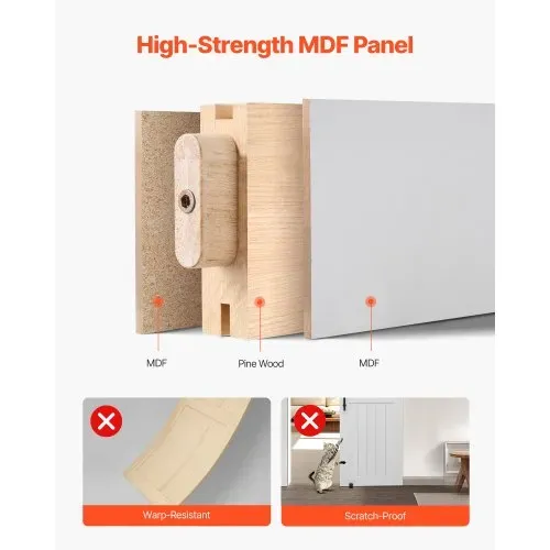 VEVOR Schiebetür im Scheunenstil Schiebetürsystem (762 x 2134 mm) aus hochfesten MDF-Platten, Scheunentor mit Hardware-Kit & wasserfester PVC-Oberfläche & H-Rahmen für Wohnzimmer Badezimmer Weiß – Bild 2