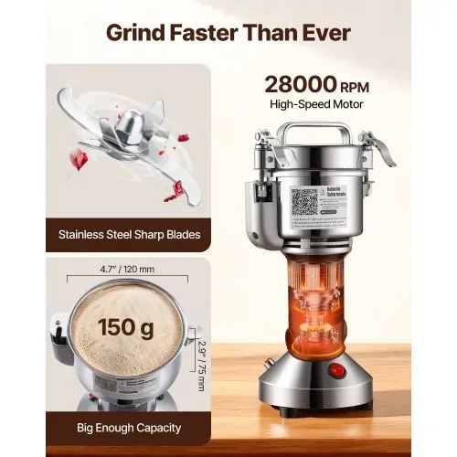VEVOR elektrische Getreidemühle, Hochgeschwindigkeits-Gewürzmühle mit 850 W, Pulverisiermaschine aus Edelstahl, für trockene Körner Gewürze Müsli Kaffee Mais Pfeffer 163 x 135 x 345 mm – Bild 3