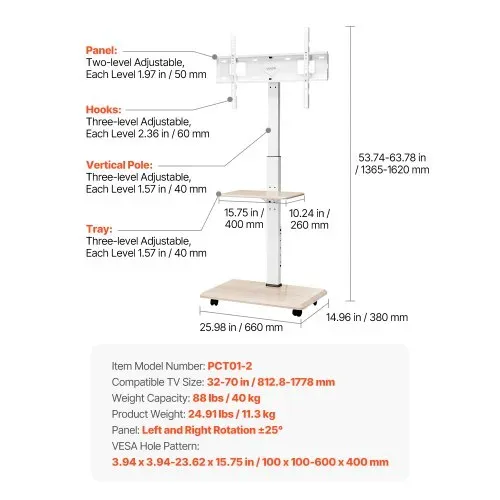 VEVOR rollbarer TV-Ständer Fernsehständer für 812,8-1778 mm TVs bis zu 40 kg, 25° Links-Rechts-Drehung & höhenverstellbare TV-Halterung mit Ablage für Schlafzimmer Wohnzimmer (max. 600 x 400 mm) – Bild 6