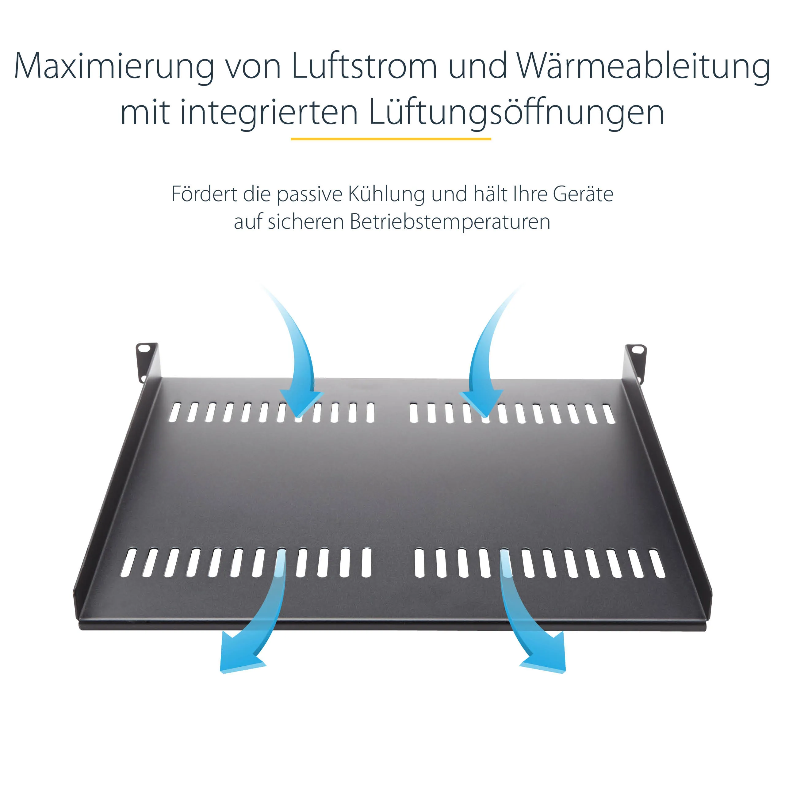 StarTech.com 1HE Regalboden für Racks - Universale Belüftete Freitragende Fachboden für 19" Netzwerkschränke und Racks, Tragkraft 20kg - Schwerlastregal aus Stahl - 10" Tief - Schwarz – Bild 5