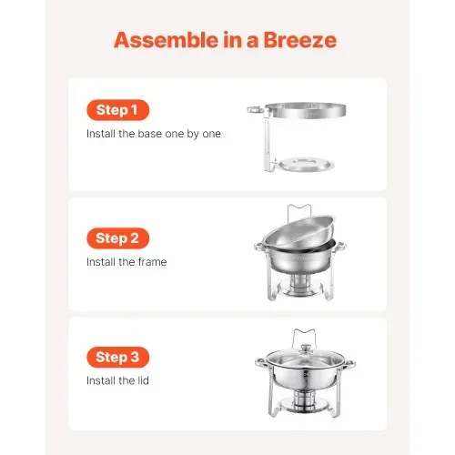 VEVOR Chafing Dish Buffet Speisenwärmer mit 2 Behältern in voller Größe (4,7 L pro), runder Catering-Wärmespender mit Glasdeckel & Wasserpfanne & klappbarer Ständer, für Buffet Partys Silber – Bild 4