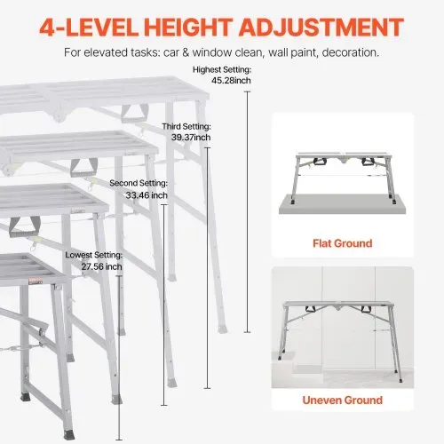 VEVOR Arbeitsplattform 700-1150 mm, zusammenklappbare Trittleiter aus legiertem Stahl, tragbare Arbeitsbühne, Tragkraft 360 kg, Trittbank Hocker zum Malen von Trockenbauwänden, Reinigen, Waschen – Bild 3