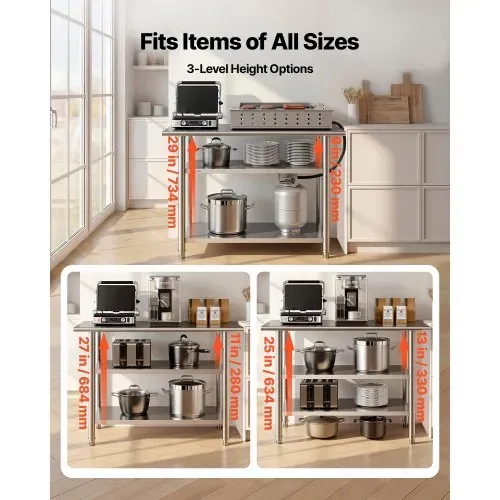 VEVOR Gastronomie Arbeitstisch 1219 x 610 x 864 mm, Edelstahltisch mit 3 Ebenen & Höhenverstellbaren Ablagen Belastbarkeit Top 245 kg & 2 Unterablagen je 204 kg Vorbereitungstisch für Restaurant – Bild 5