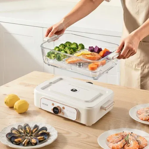 VEVOR Elektrischer Dampfgarer 6 L mit 2 Garebenen Glas 1200 W Weiß, Gemüse- und Speisegarer für 1–3 Personen mit Voreingestellten Programmen und Startzeitvorwahl, für Gemüse, Meeresfrüchte und Reis – Bild 7
