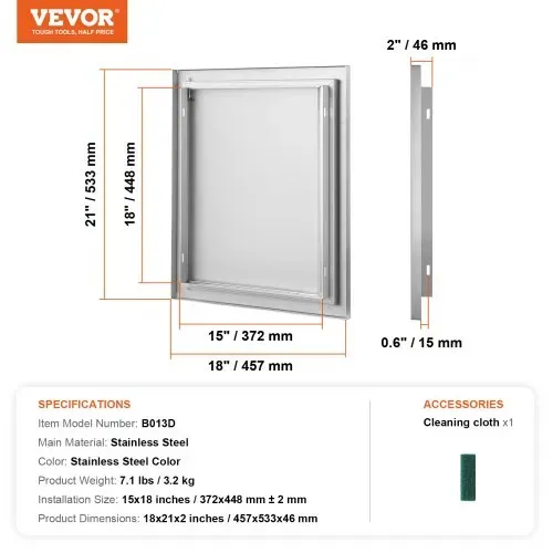 VEVOR Grillzugangstür, 457 x 533 mm, Einzelne Außenküchentür, Flächenbündig Montierte Edelstahltür, Vertikale Wandtür mit Versenkbarem Griff, für Grillinsel, Grillstation, Außenschrank – Bild 6