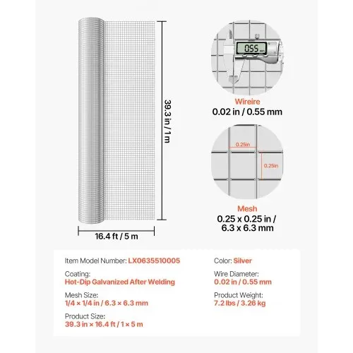 VEVOR Drahtgitter Feinmaschig 1x5 m Maschendraht φ0,55 mm, 6,3x6,3 mm Masche Feuerverzinkt, Drahtgitterrolle, Volierendraht, Kaninchendraht, Hühnerdraht, Hasendraht, für Geflügelkäfige – Bild 6