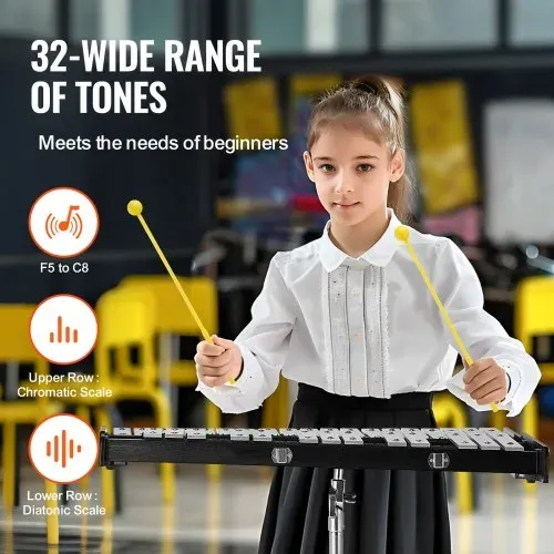 VEVOR Glockenspiel-Xylophon-Set mit 32 Tönen, professionelles Schlaginstrumenten-Set mit Schlägeln, Trommelstöcken, Notenständer, verstellbarem Ständer und Tragetasche für Schüler und Erwachsene – Bild 2