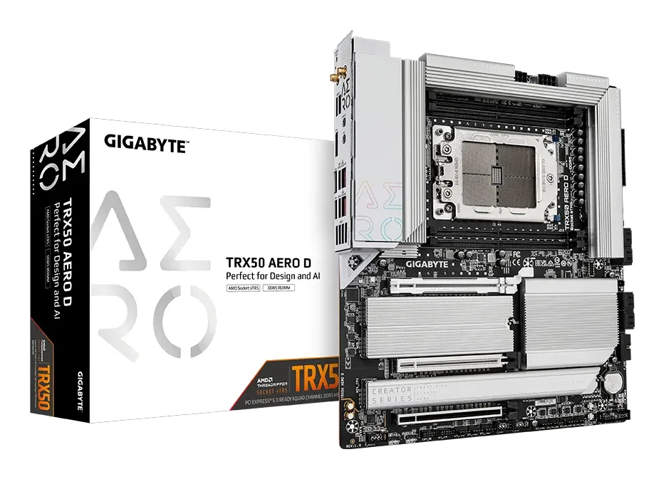 GIGABYTE TRX50 AERO D Mainboard – Unterstützt AMD Ryzen Threadripper 9000 Series CPUs, 16+8+4 Phases Digital VRM, up to 7800MHz DDR5 (OC), 3xPCIe 5.0 + 1xPCIe 4.0 M.2, Wi-Fi 7, 10GbE LAN, USB4 GIGABYTE TRX50 AERO D Mainboard – Unterstützt AMD Ryzen Threadripper 9000 Series CPUs, 16+8+4 Phases Digital VRM, up to 7800MHz DDR5 (OC), 3xPCIe 5.0 + 1xPCIe 4.0 M.2, Wi-Fi 7, 10GbE LAN, USB4