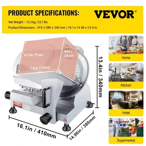 VEVOR Kommerzieller Fleisch Allesschneider 240 W, Elektrische Aufschnittmaschine Lebensmittelschneider mit 25,4 cm-Kohlenstoffstahlklinge, 0–12 mm Einstellbare Dicke für Fleisch, Käse, Gemüse usw. – Bild 6