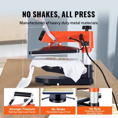 VEVOR Hitzepresse - 8-in-1-Hitzepresse-Sublimationsmaschine für selbstgemachte T-Shirts/Hüte/Becher/Wärmeübertragungsprojekte, 12 x 15 Multifunktions-Hitzepresse zum Wegschwenken mit 360°-Drehung – Bild 4