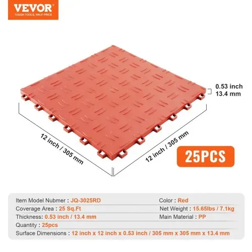 VEVOR Garagen-Bodenbeschläge, 305 x 305 x 13,4 mm, 25er-Set Industrieboden, rutschfeste doppelseitige Struktur-Garagenboden, für Garagen, Keller, Reparaturwerkstätten, Rot – Bild 6