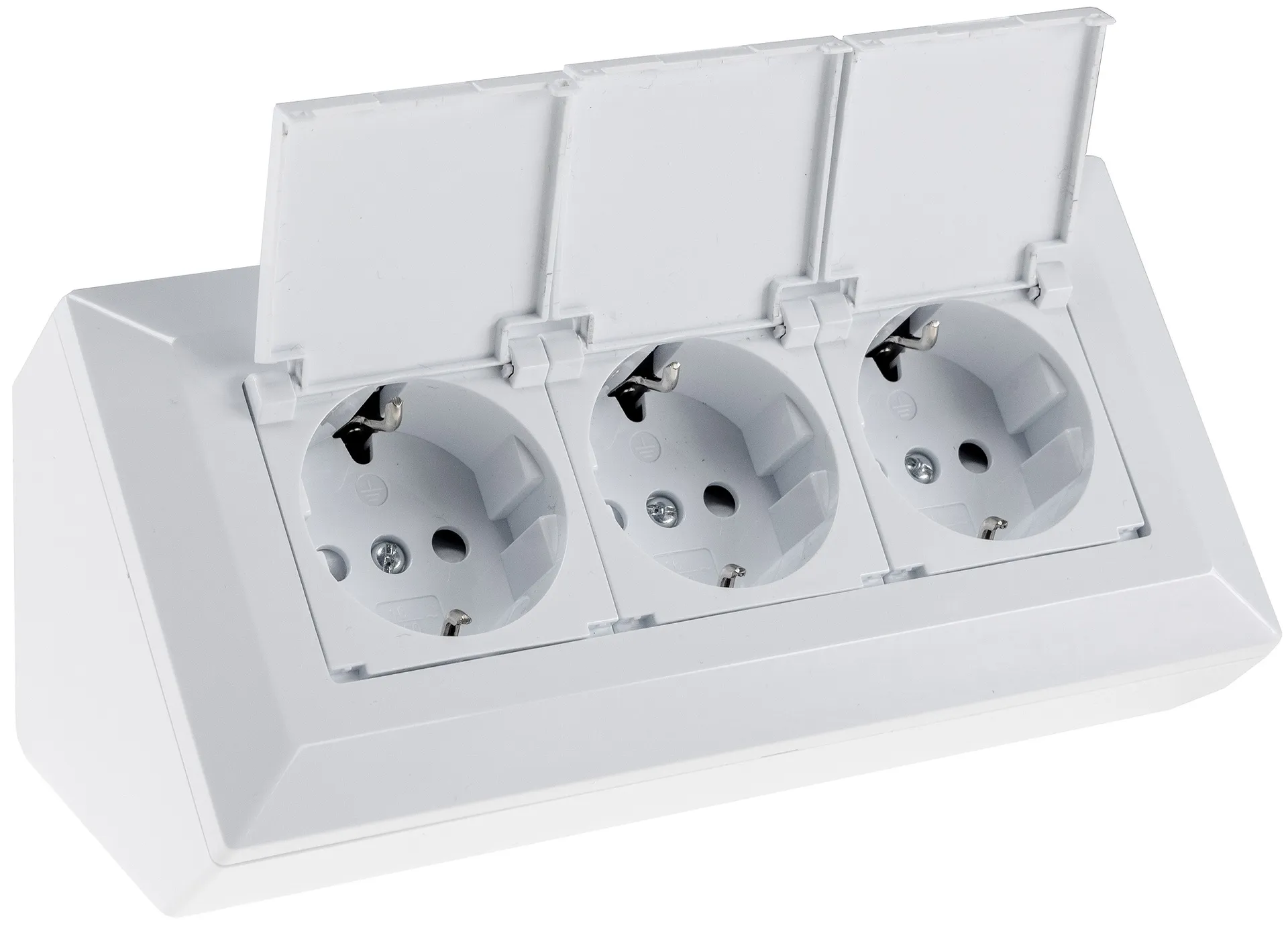 3-fach Steckdosenblock, weiß 250V~/ 16A, Aufbaumontage mit Klappen 3-fach Steckdosenblock, weiß 250V~/ 16A, Aufbaumontage mit Klappen