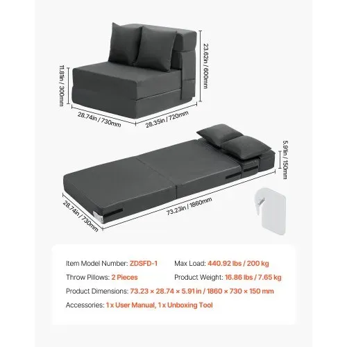 VEVOR 3 in 1 Klappsofa faltbares Schlafsofa mit 2 Kissen & waschbarem Bezug, umwandelbarer Schlafsessel aus 25D Memory Foam, Bettcouch für Wohnzimmer Schlafzimmer, Dunkelgrau (Einzelbett) – Bild 6
