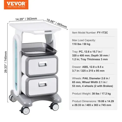 VEVOR Laborwagen mit 3 Ebenen, Laborwagen mit 2 Schubladen und 1 oberen Ablage, mobiler medizinischer Wagen aus ABS-Material, Laborrollwagen mit 4 leisen Rädern für Labor, Klinik, Krankenhaus, Salon, weiß – Bild 6