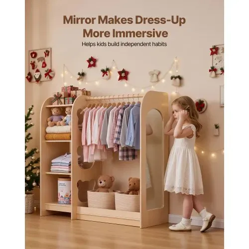 VEVOR Kinderkleiderschrank 120x40x106cm, Kindergarderobe mit Spiegel Kleiderstange Ablagen, Multiplexholz Verkleidungsschrank für Mädchen, Kinderschrank für Kostüme Dress-Up Schlafzimmer, Naturholz – Bild 4