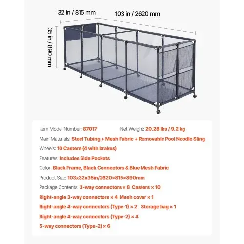 VEVOR Pool Aufbewahrungsbehälter 2620x815x890 mm, Organizer mit Seitentaschen, Metallrahmen, Netzkorb, Aufbewahrungsbox, Organisationskorb, Aufbewahrungskorb, Aufbewahrungswagen für Poolspielzeug – Bild 6