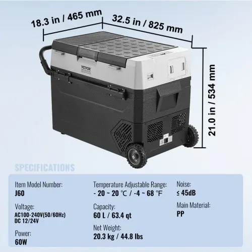 VEVOR tragbarer Autokühlschrank, 12 V Auto Kühlbox, 60 L Einzelzonen-Tragbarer Gefrierschrank Rollbar, einstellbar -20 bis 20 ℃, Kompressorkühler für Zuhause, Outdoor, Camping, Wohnmobil, Auto – Bild 6
