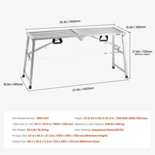 VEVOR Arbeitsplattform 700-1150 mm, zusammenklappbare Trittleiter aus legiertem Stahl, tragbare Arbeitsbühne, Tragkraft 360 kg, Trittbank Hocker zum Malen von Trockenbauwänden, Reinigen, Waschen – Bild 6