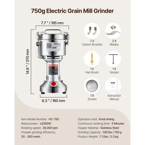 VEVOR elektrische Getreidemühle tragbare Hochgeschwindigkeits-Gewürzmühlen kommerziell 750 g 2000 W, Pulverisierer aus Edelstahl, 28000 U/min für trockene Körner Gewürze Müsli Kaffee Mais Pfeffer – Bild 6