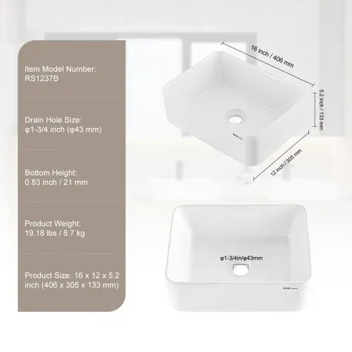 VEVOR Rechteckiges Aufsatzwaschbecken Waschbecken, 406 x 305 x 133 mm, Badezimmer-Aufsatzwaschbecken über der Theke, Keramikwaschbecken moderner Stil, für Toiletten, Hotels, Restaurants, helles Weiß – Bild 6