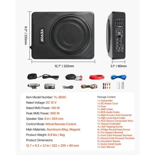 VEVOR Untersitz Auto Subwoofer 300 W schlanker Auto Subwoofer mit Stromversorgung, Subsystem mit eingebautem Verstärker, Hoch-/Niedrigpegel-Eingang und Lautstärkeregler für SUVs Lkws Wohnmobile – Bild 6