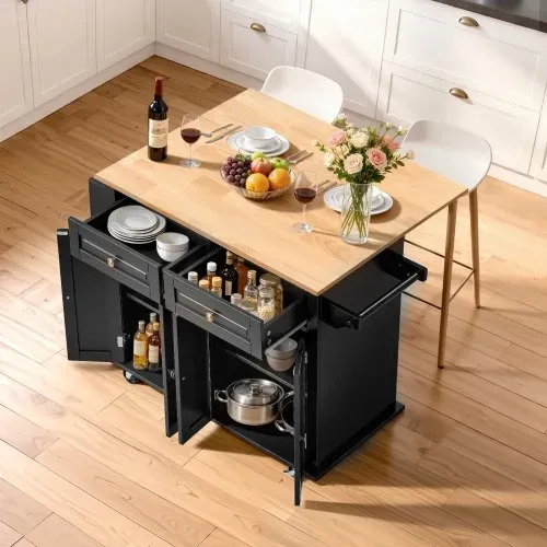 VEVOR Kücheninselwagen, 110 cm mobiler Wagen mit Holzplatte und Lagerschrank, Rolltisch mit Klappplatte, Gewürzregal, Handtuchhalter, verstellbarem Regal, Schublade und Haken, tragbare Inseln Rollbar – Bild 7