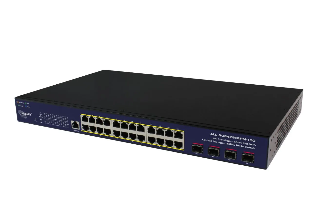 ALLNET Switch smart managed Layer2 28 Port • 24x 1 GbE • PoE Budget 400W • 4x SFP+ • 19″ • Lüfterlos • ALL-SG8428v2FPM-10G ALLNET Switch smart managed Layer2 28 Port • 24x 1 GbE • PoE Budget 400W • 4x SFP+ • 19″ • Lüfterlos • ALL-SG8428v2FPM-10G