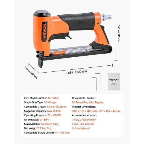 VEVOR Druckluftnagler, Drucklufttacker für Feindrahtklammern der Serie 50, 12,8 mm Krone, 6-16 mm Länge, max. 110 Stk. Druckluft Nagelpistole für Polsterarbeiten, Holzarbeiten, Heimwerkerprojekte – Bild 6