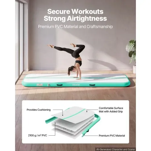 VEVOR Aufblasbare Gymnastikmatte 300x100x10 cm Airtrack-Turnmatte für Training, Wettkampfsport & Yoga, mit Rutschfester Oberfläche, 600-W-Elektroluftpumpe, Reparaturflicken, Düsen & Tasche, Mintgrün – Bild 2